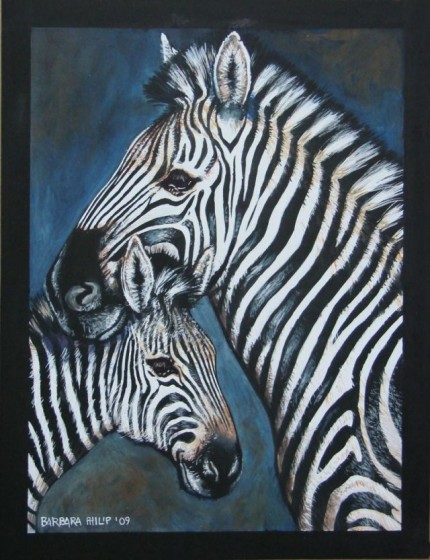 Zebras on Black, Mother & Babe. Watercolour & Gouache on black paper, 620 x 430 mm